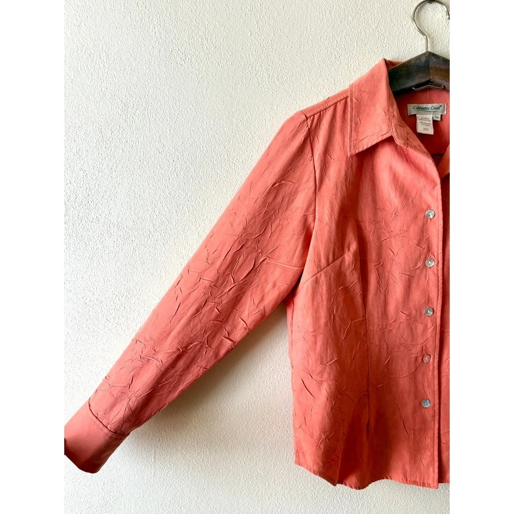 Coldwater Creek Coral Orange Crinkle Texture Button Up Top Women's Petite M Chic